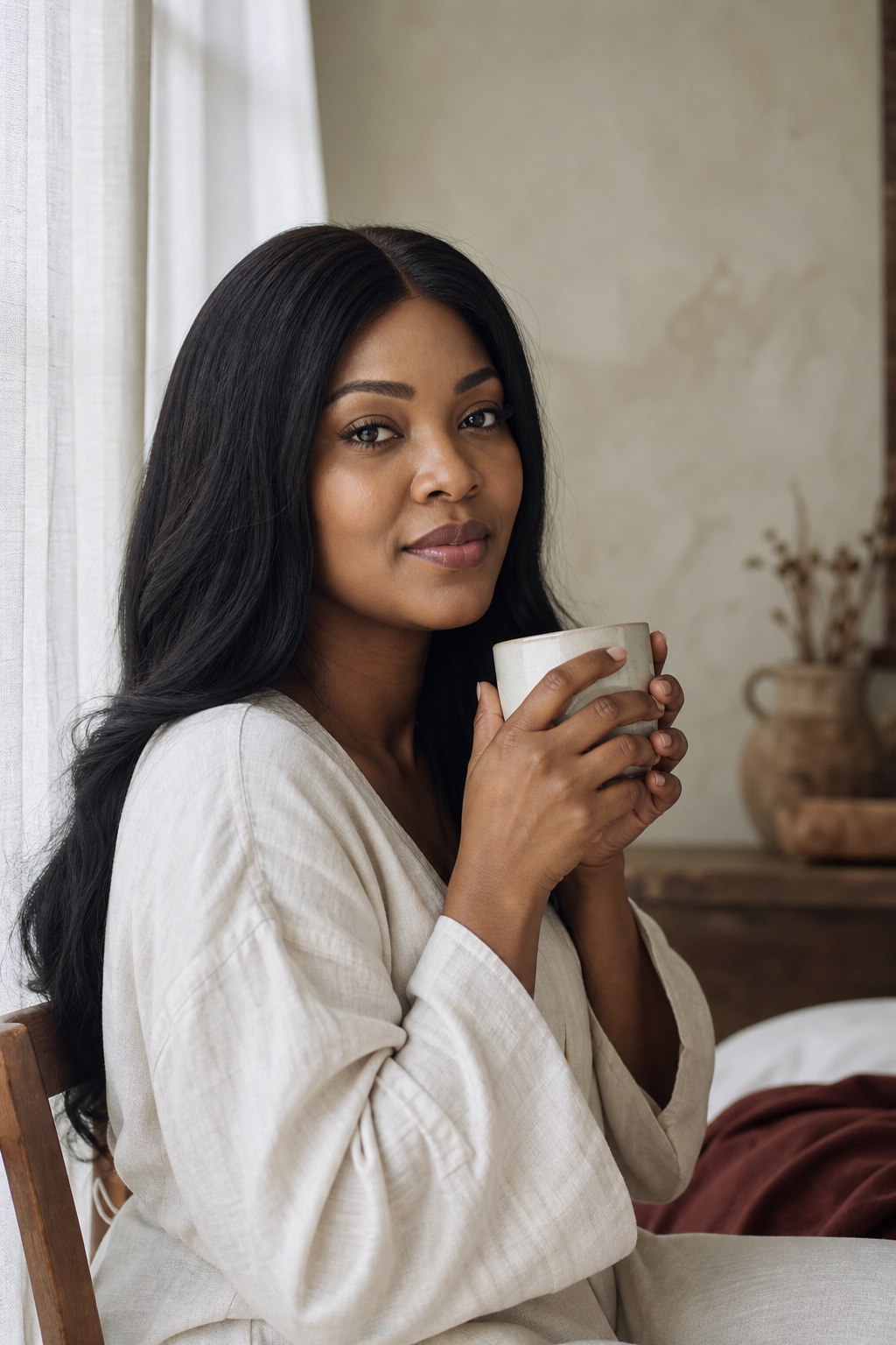 Woman wearing a natural-looking human-hair wig