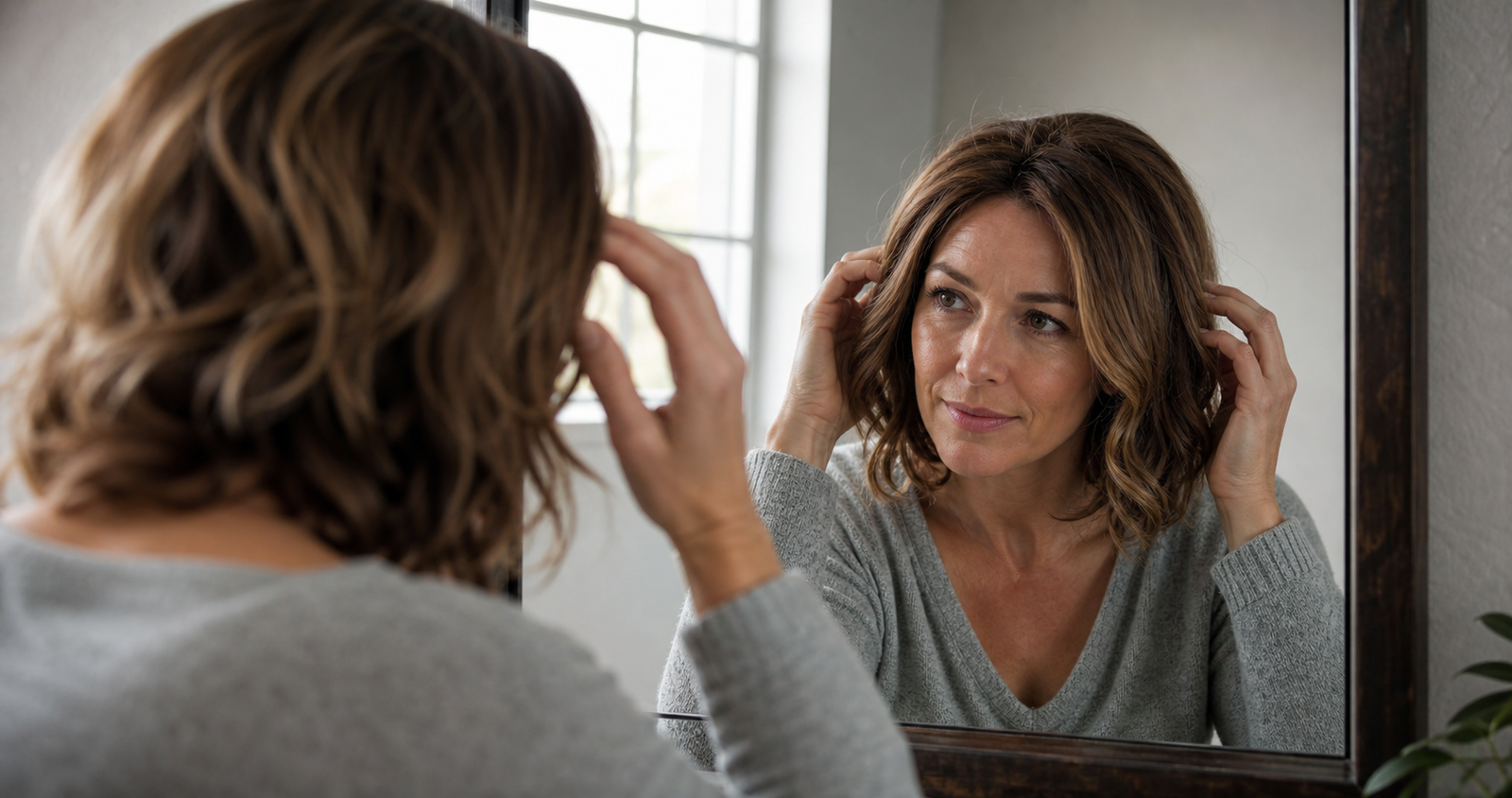 Woman gently arranging a softly curled human-hair wig