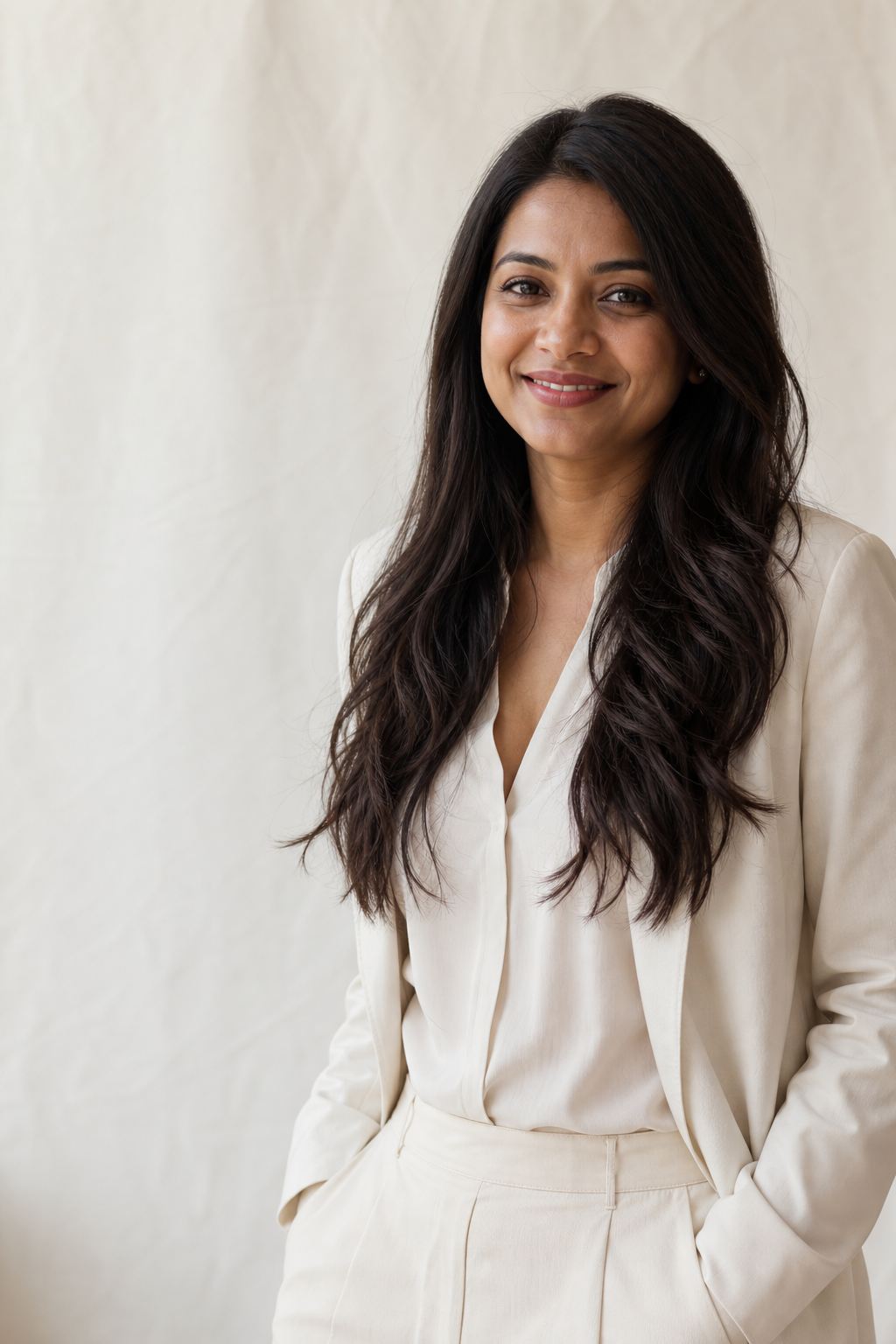 Happy professional woman wearing a natural-looking wavy human-hair wig
